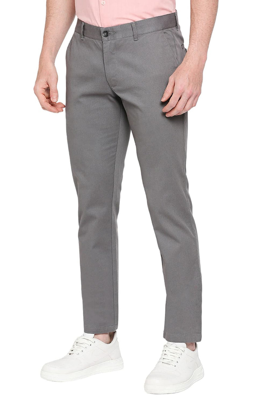 BASICS TAPERED FIT PEWTER GREY COTTON STRETCH DOBBY TROUSERS