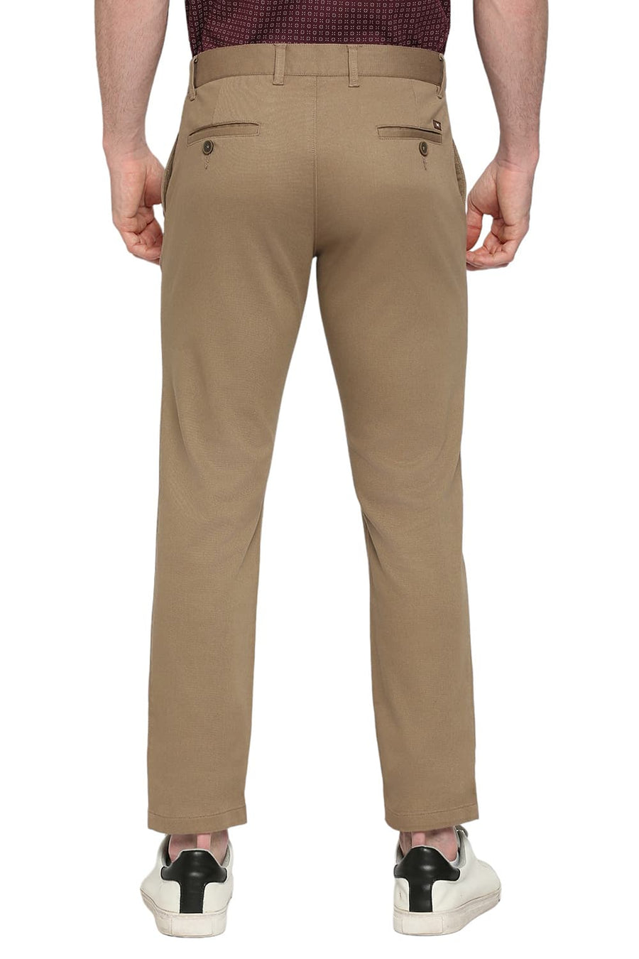 BASICS TAPERED FIT WALNUT BROWN COTTON STRETCH DOBBY TROUSERS