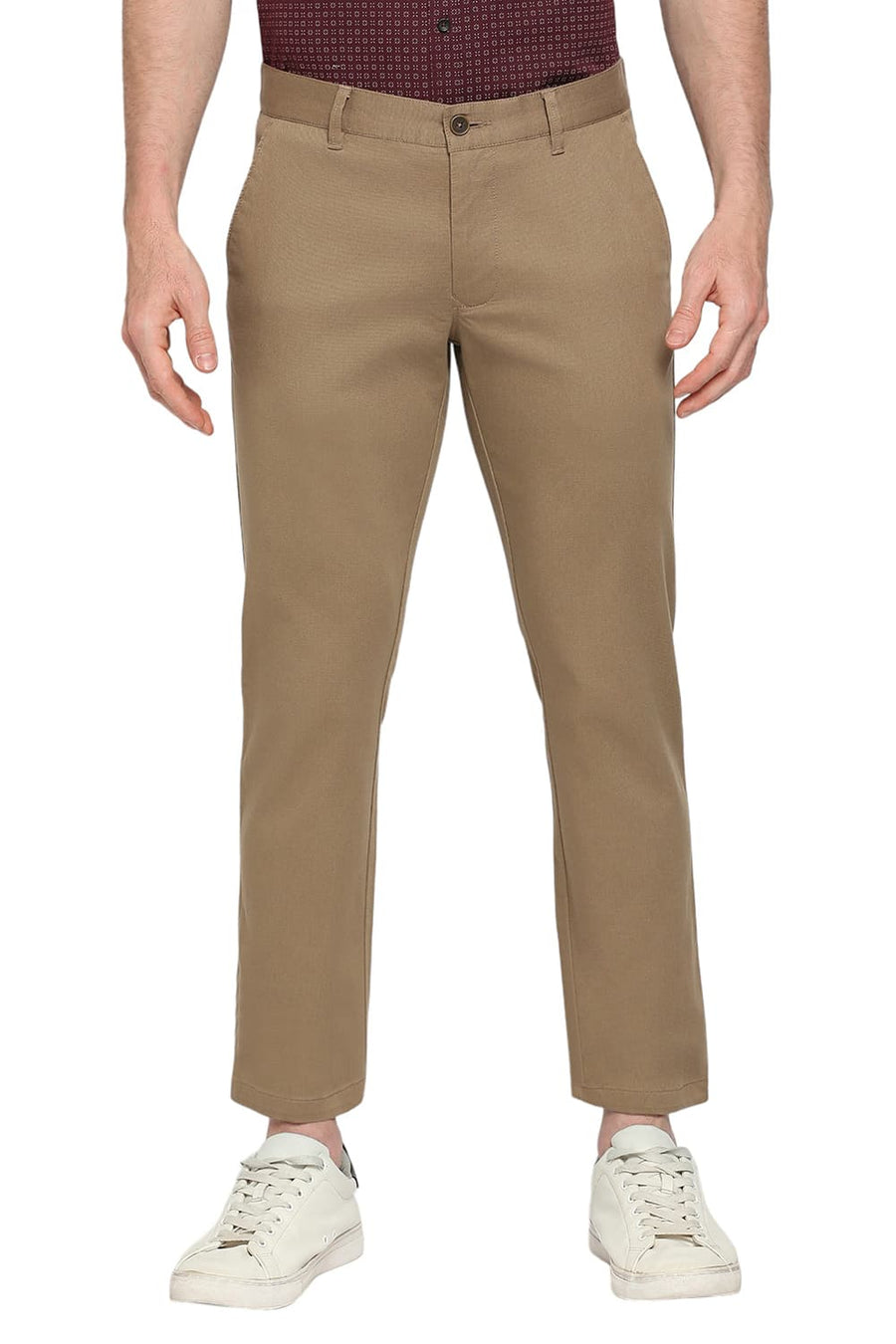 BASICS TAPERED FIT WALNUT BROWN COTTON STRETCH DOBBY TROUSERS