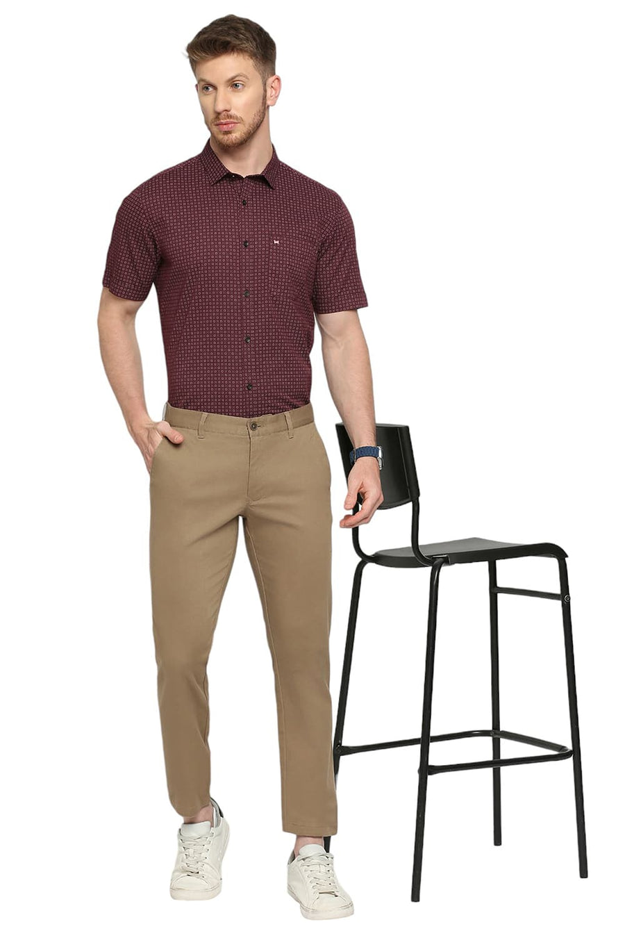 BASICS TAPERED FIT WALNUT BROWN COTTON STRETCH DOBBY TROUSERS