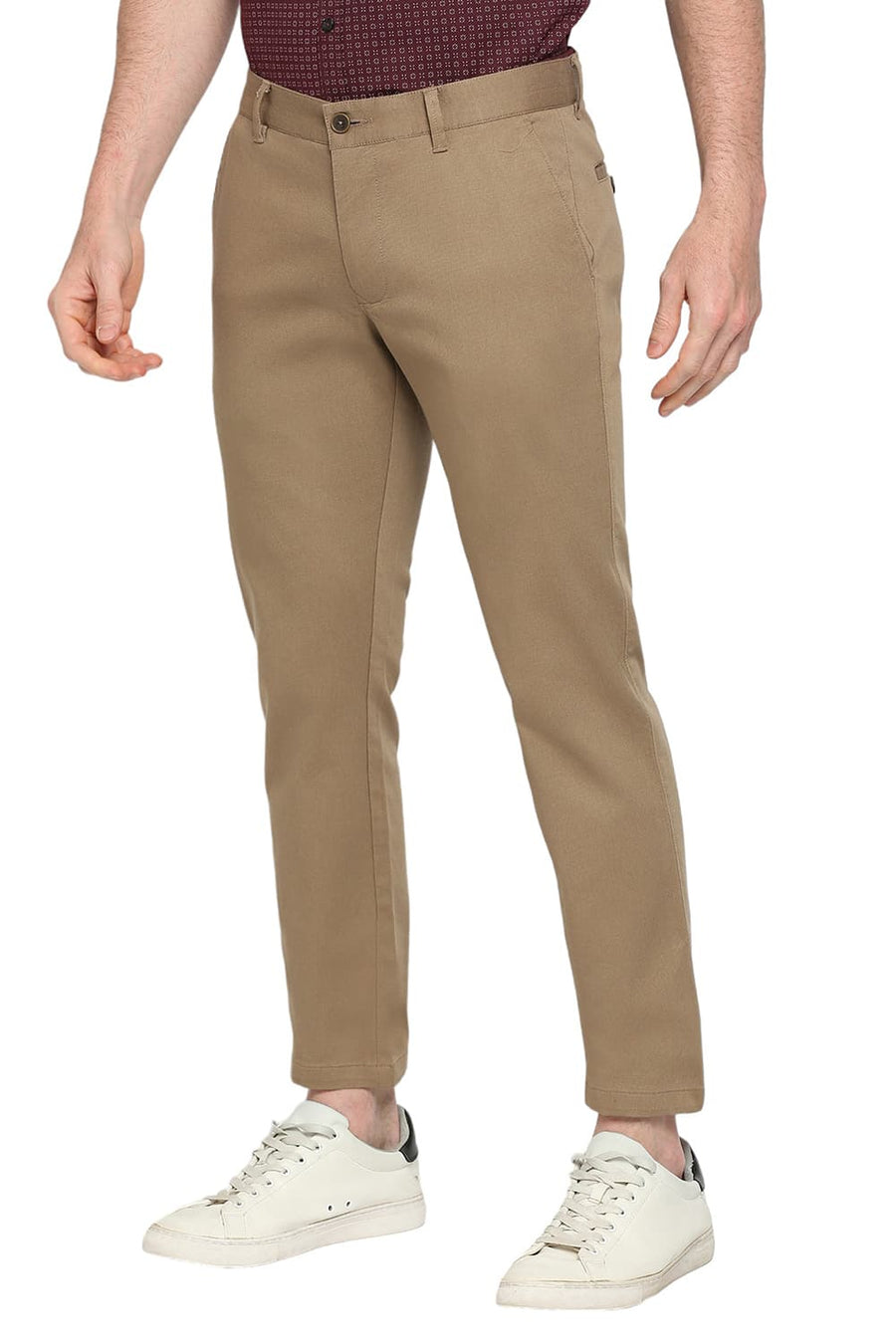 BASICS TAPERED FIT WALNUT BROWN COTTON STRETCH DOBBY TROUSERS