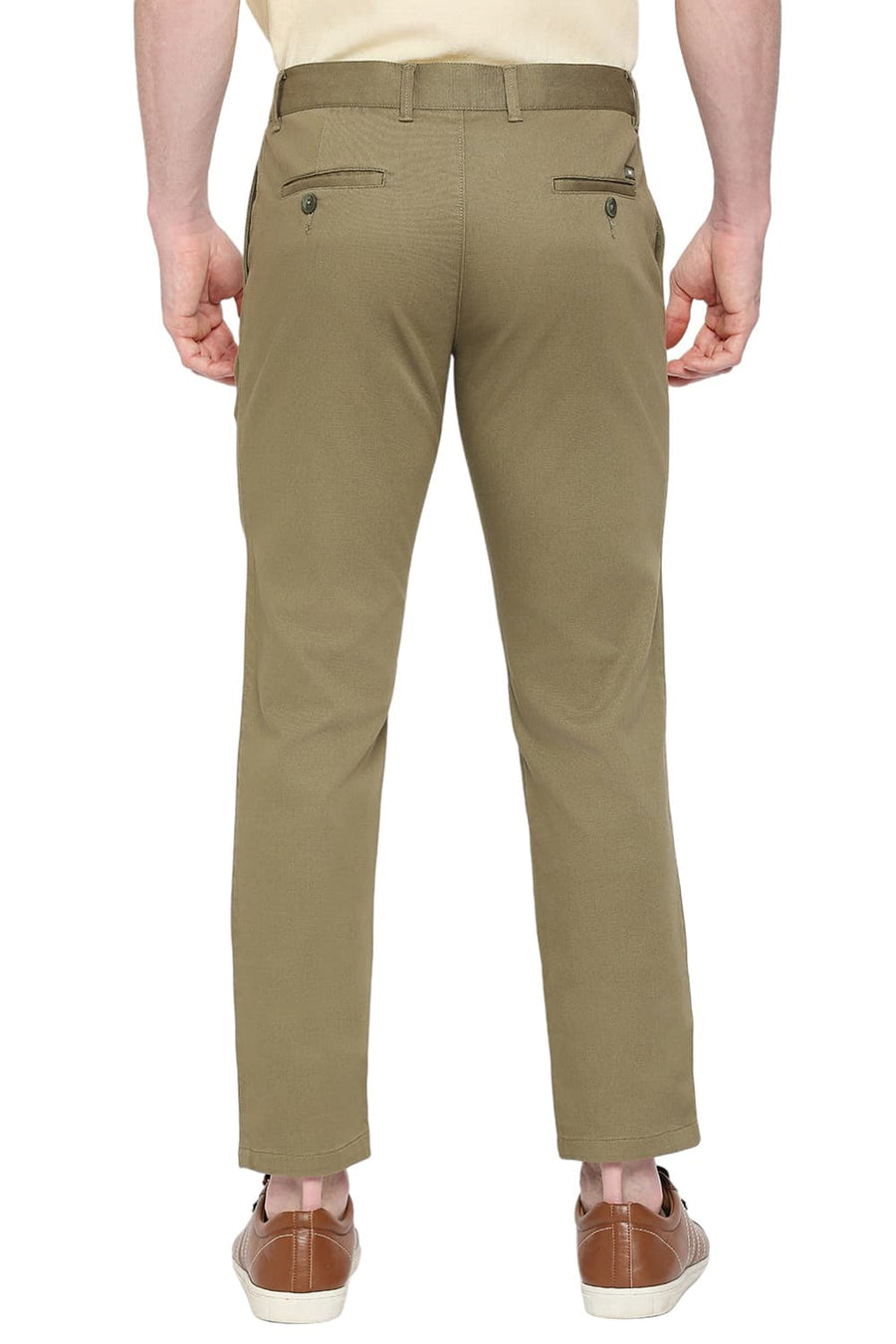 BASICS TAPERED FIT COVERT GREEN COTTON STRETCH DOBBY TROUSERS