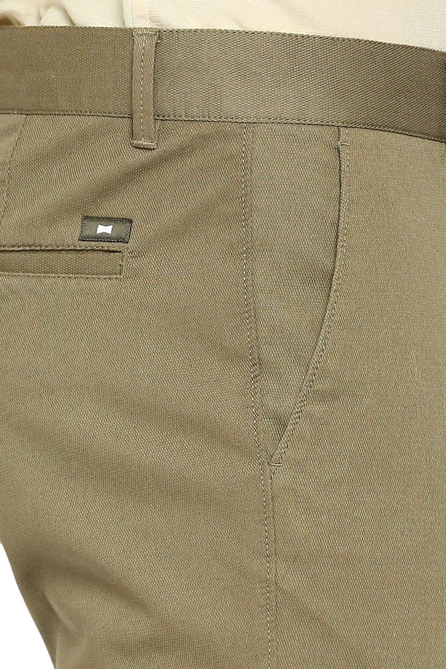 BASICS TAPERED FIT COVERT GREEN COTTON STRETCH DOBBY TROUSERS