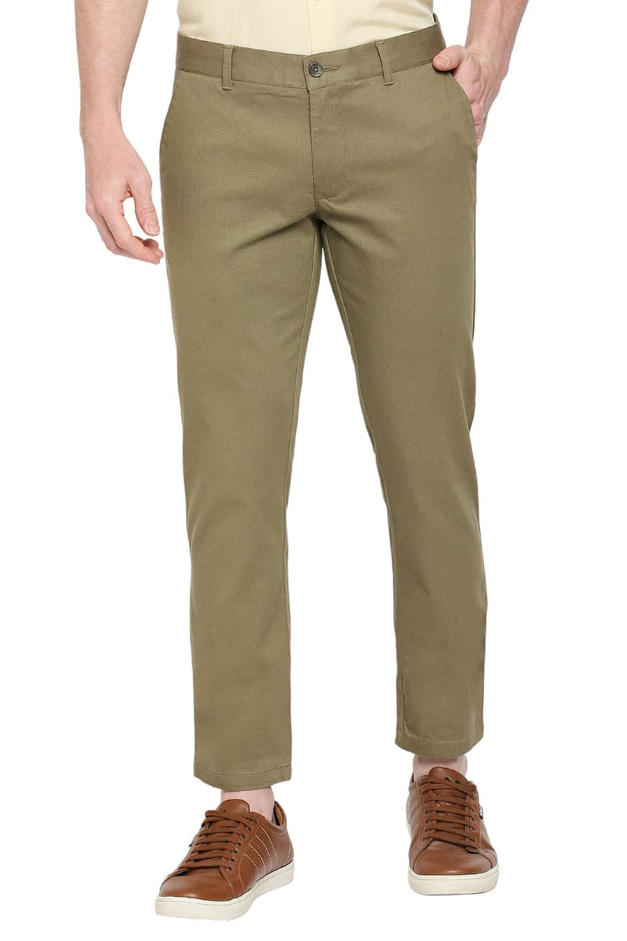 BASICS TAPERED FIT COVERT GREEN COTTON STRETCH DOBBY TROUSERS