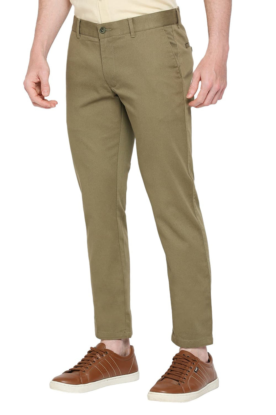BASICS TAPERED FIT COVERT GREEN COTTON STRETCH DOBBY TROUSERS