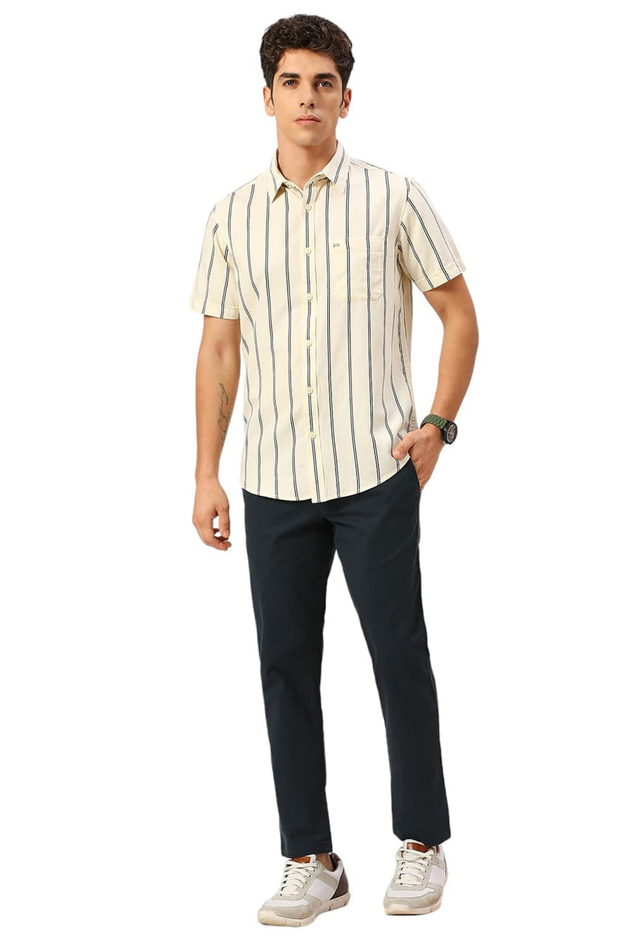 BASICS TAPERED FIT PONDEROSA TEAL COTTON STRETCH DOBBY TROUSERS