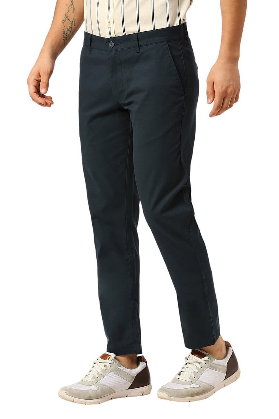 BASICS TAPERED FIT PONDEROSA TEAL COTTON STRETCH DOBBY TROUSERS
