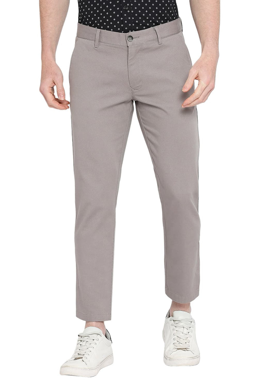 BASICS TAPERED FIT FLANNEL GREY COTTON STRETCH DOBBY TROUSERS