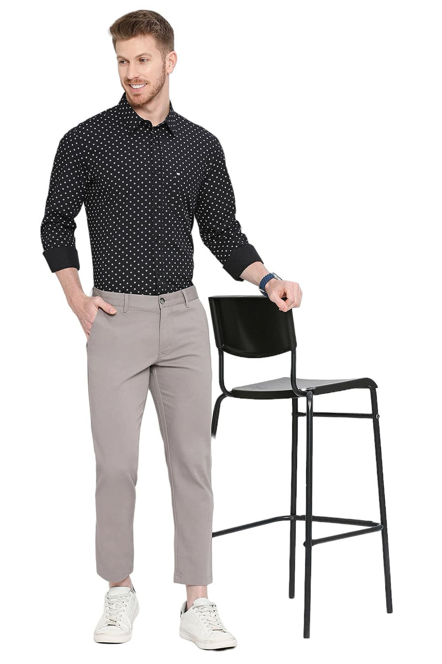 BASICS TAPERED FIT FLANNEL GREY COTTON STRETCH DOBBY TROUSERS