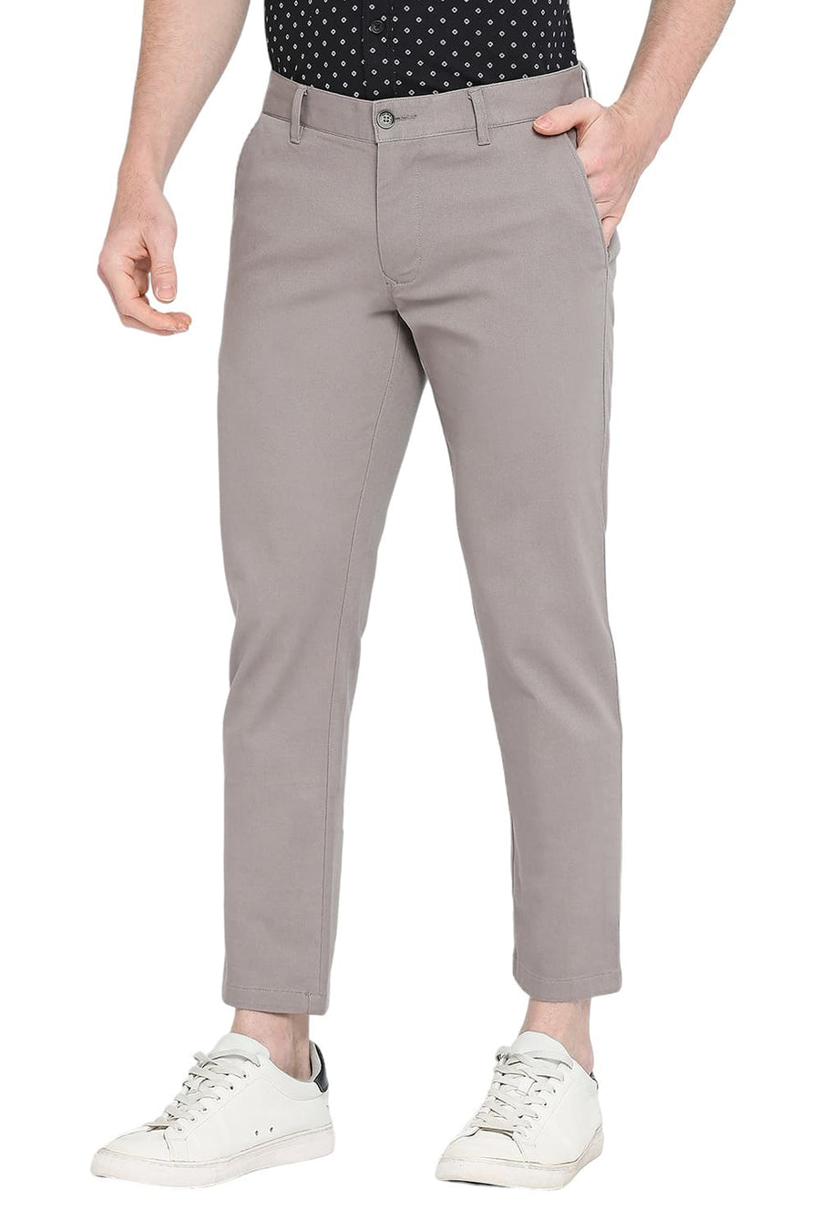 BASICS TAPERED FIT FLANNEL GREY COTTON STRETCH DOBBY TROUSERS