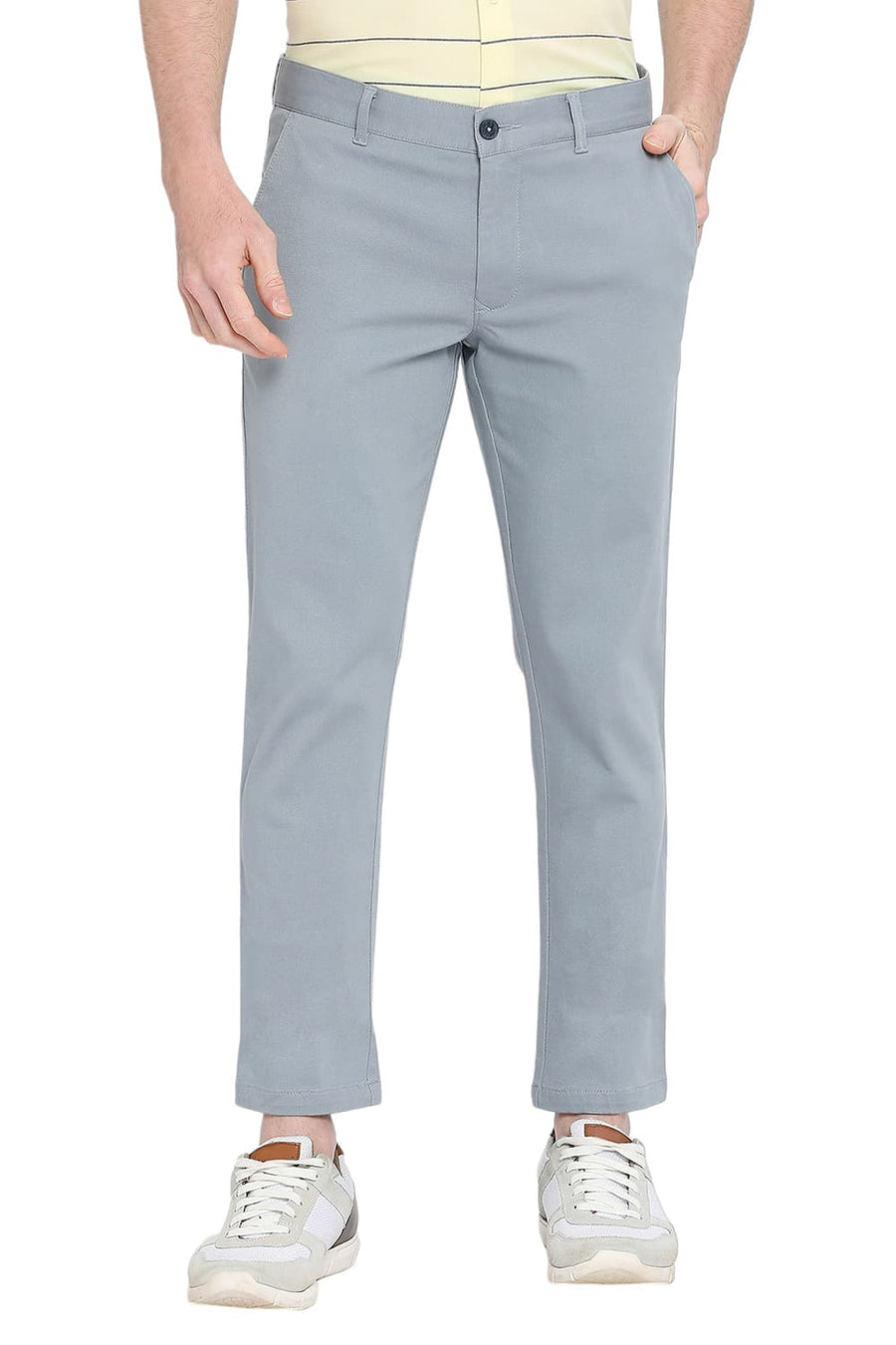 BASICS TAPERED FIT DARK SLATE BLUE COTTON STRETCH DOBBY TROUSERS
