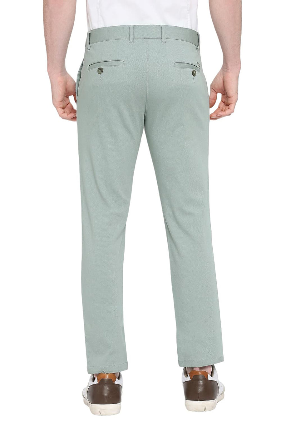 BASICS TAPERED FIT TRELLIS GREEN COTTON STRETCH DOBBY TROUSERS