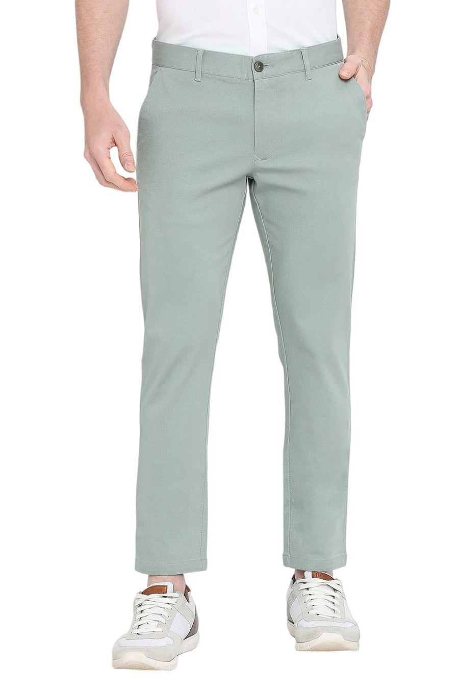 BASICS TAPERED FIT TRELLIS GREEN COTTON STRETCH DOBBY TROUSERS
