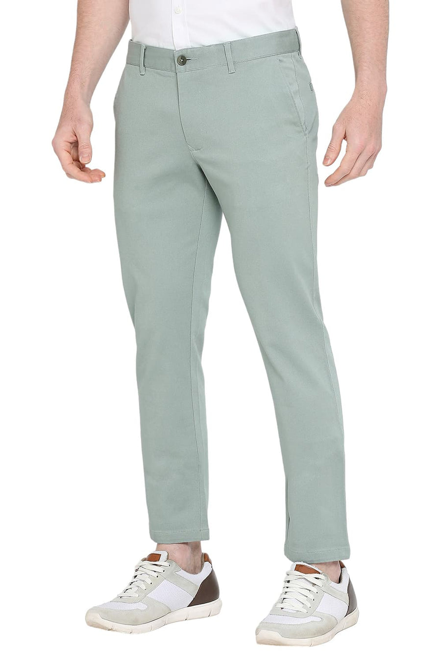 BASICS TAPERED FIT TRELLIS GREEN COTTON STRETCH DOBBY TROUSERS