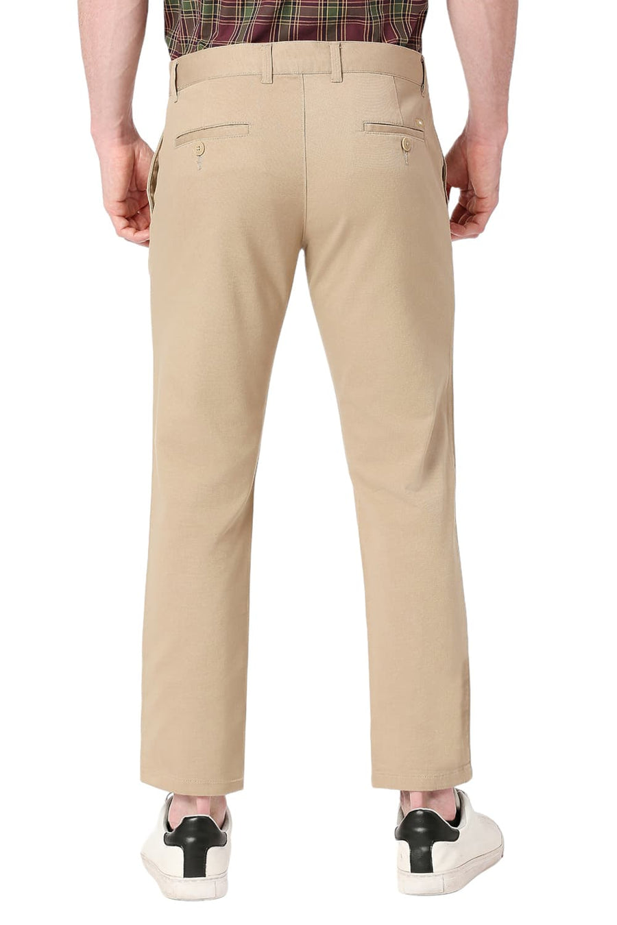 BASICS TAPERED FIT TRAVERTINE KHAKI COTTON STRETCH DOBBY TROUSERS