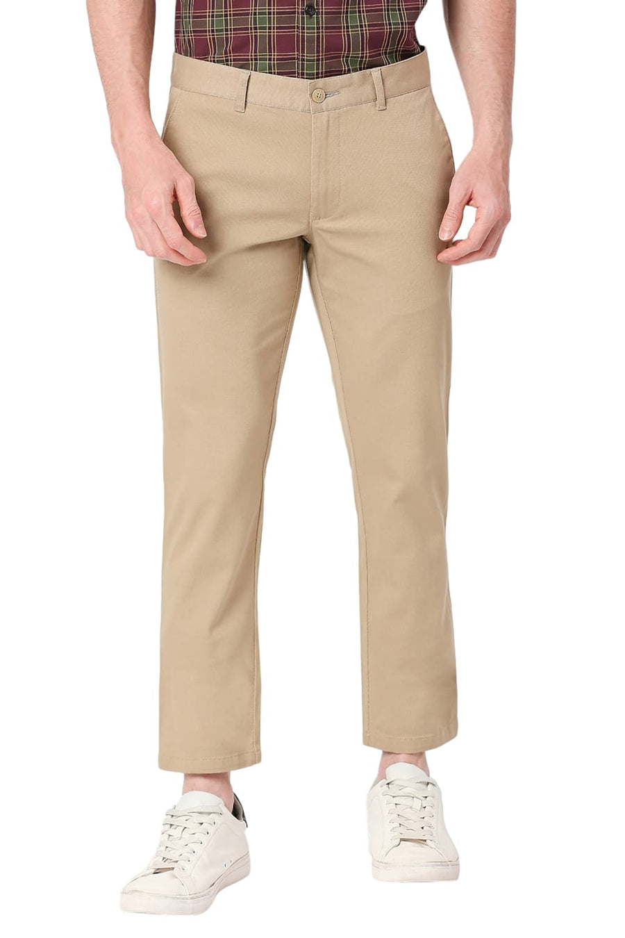 BASICS TAPERED FIT TRAVERTINE KHAKI COTTON STRETCH DOBBY TROUSERS