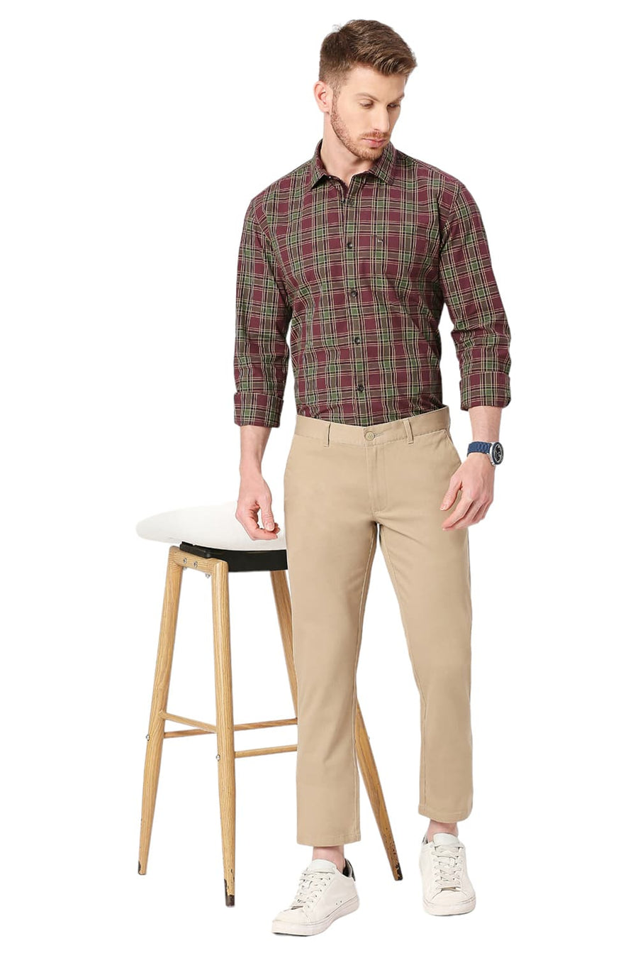 BASICS TAPERED FIT TRAVERTINE KHAKI COTTON STRETCH DOBBY TROUSERS