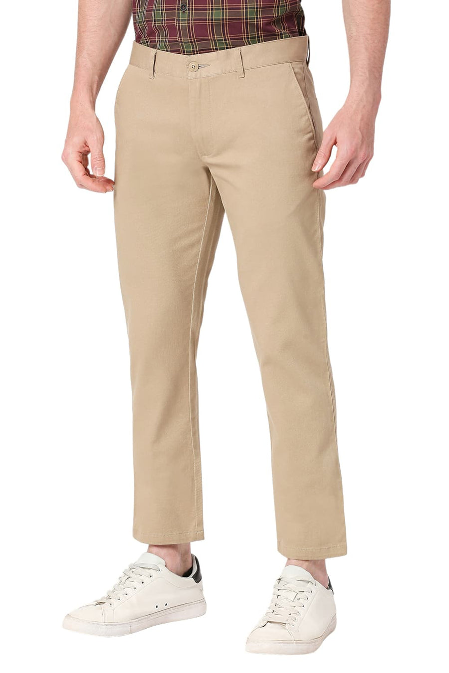 BASICS TAPERED FIT TRAVERTINE KHAKI COTTON STRETCH DOBBY TROUSERS