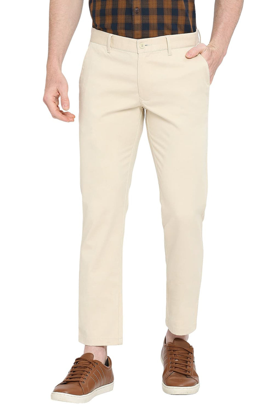 BASICS TAPERED FIT WOOD STONE COTTON STRETCH DOBBY TROUSERS