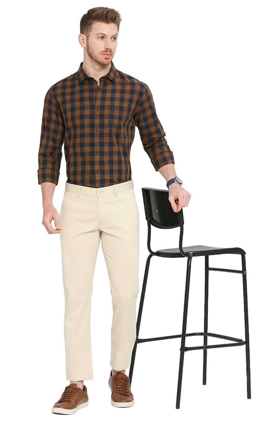 BASICS TAPERED FIT WOOD STONE COTTON STRETCH DOBBY TROUSERS