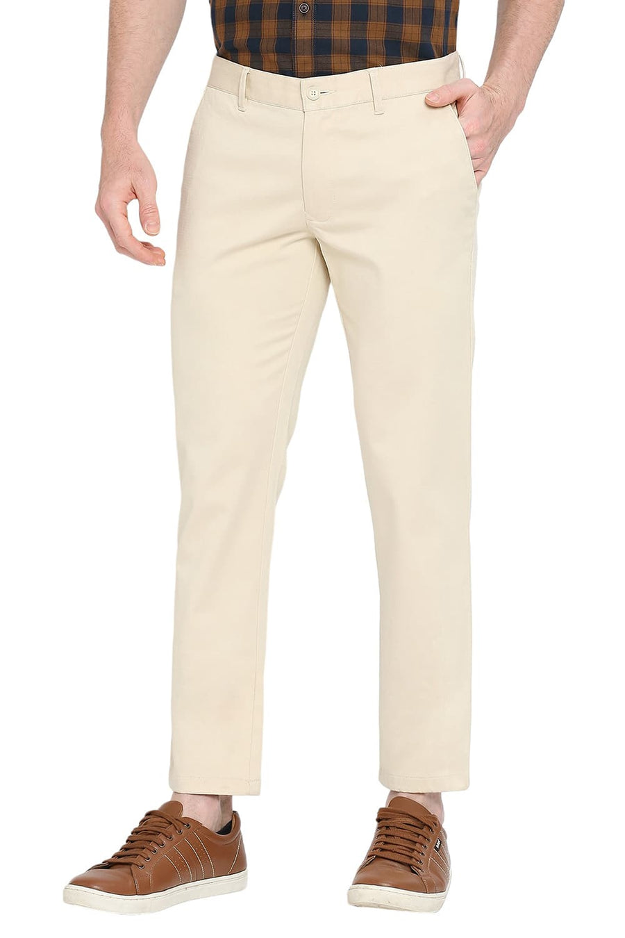 BASICS TAPERED FIT WOOD STONE COTTON STRETCH DOBBY TROUSERS
