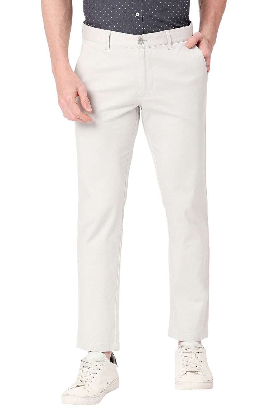 BASICS TAPERED FIT VAPOR GREY COTTON STRETCH DOBBY TROUSERS