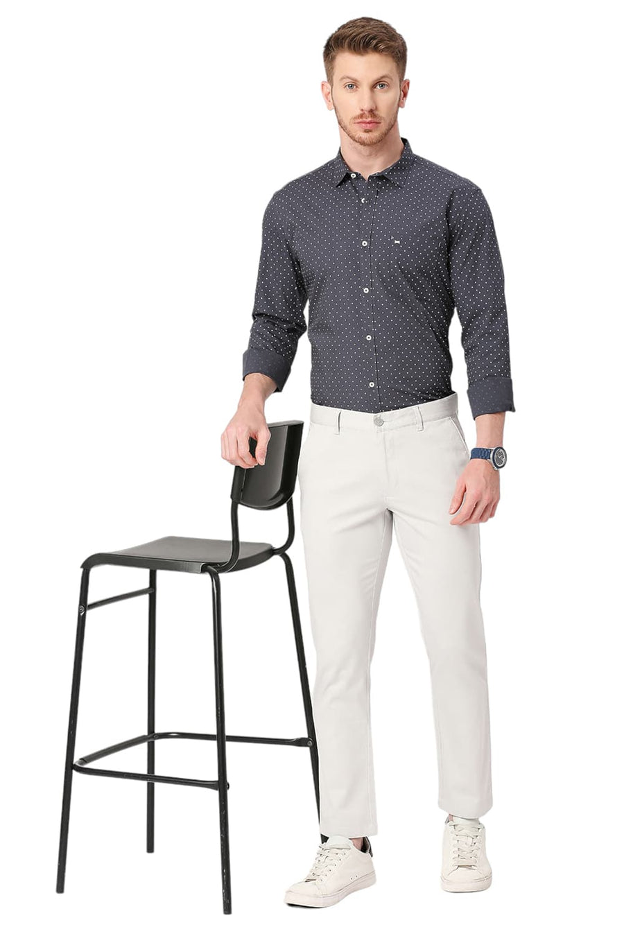 BASICS TAPERED FIT VAPOR GREY COTTON STRETCH DOBBY TROUSERS