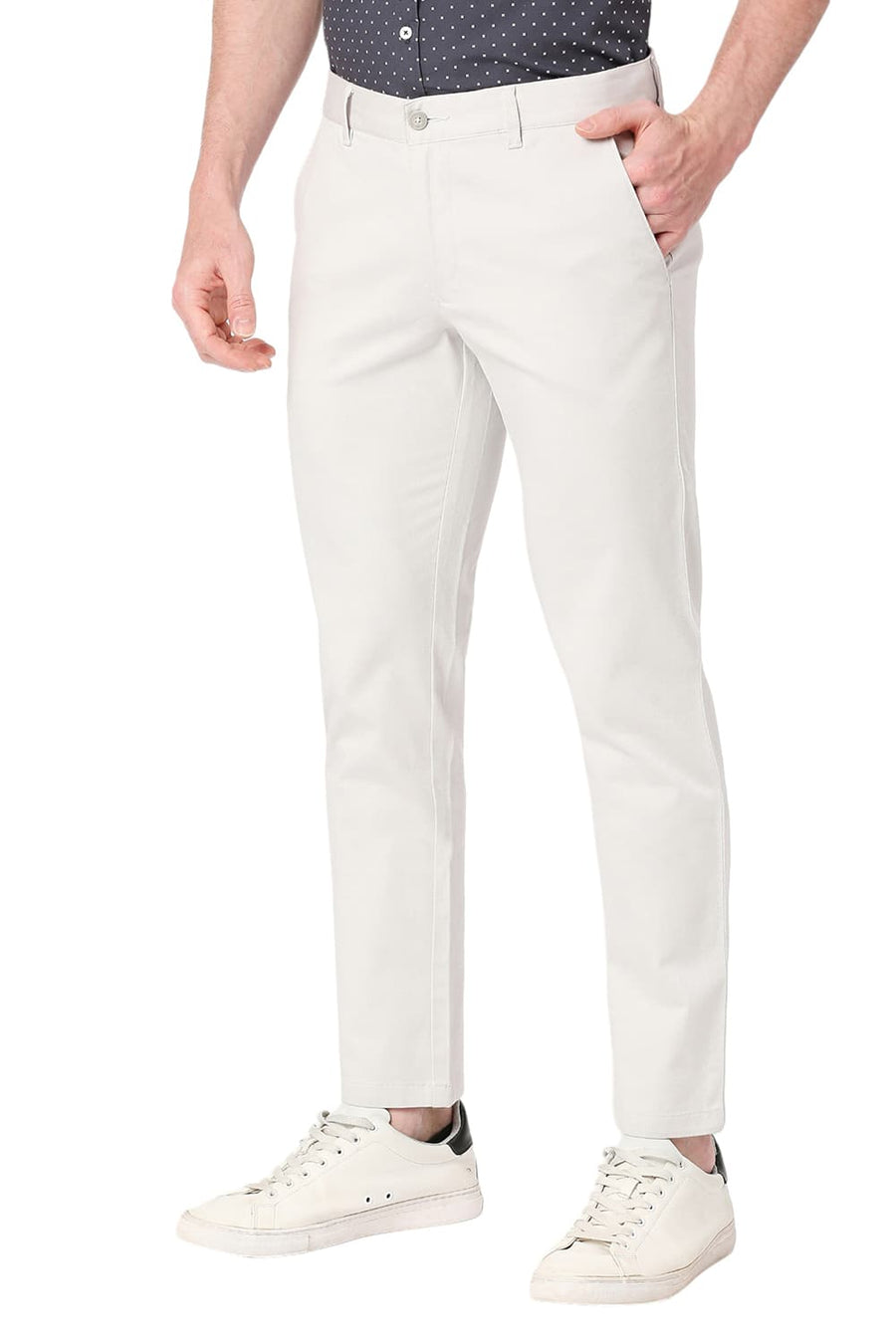 BASICS TAPERED FIT VAPOR GREY COTTON STRETCH DOBBY TROUSERS