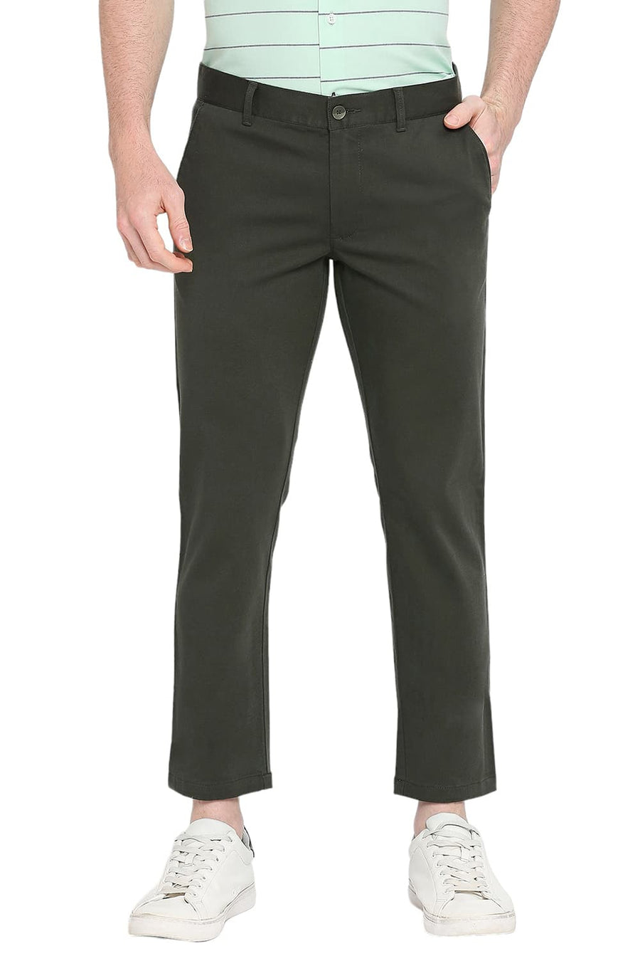 BASICS TAPERED FIT ROSIN GREEN COTTON STRETCH DOBBY TROUSERS