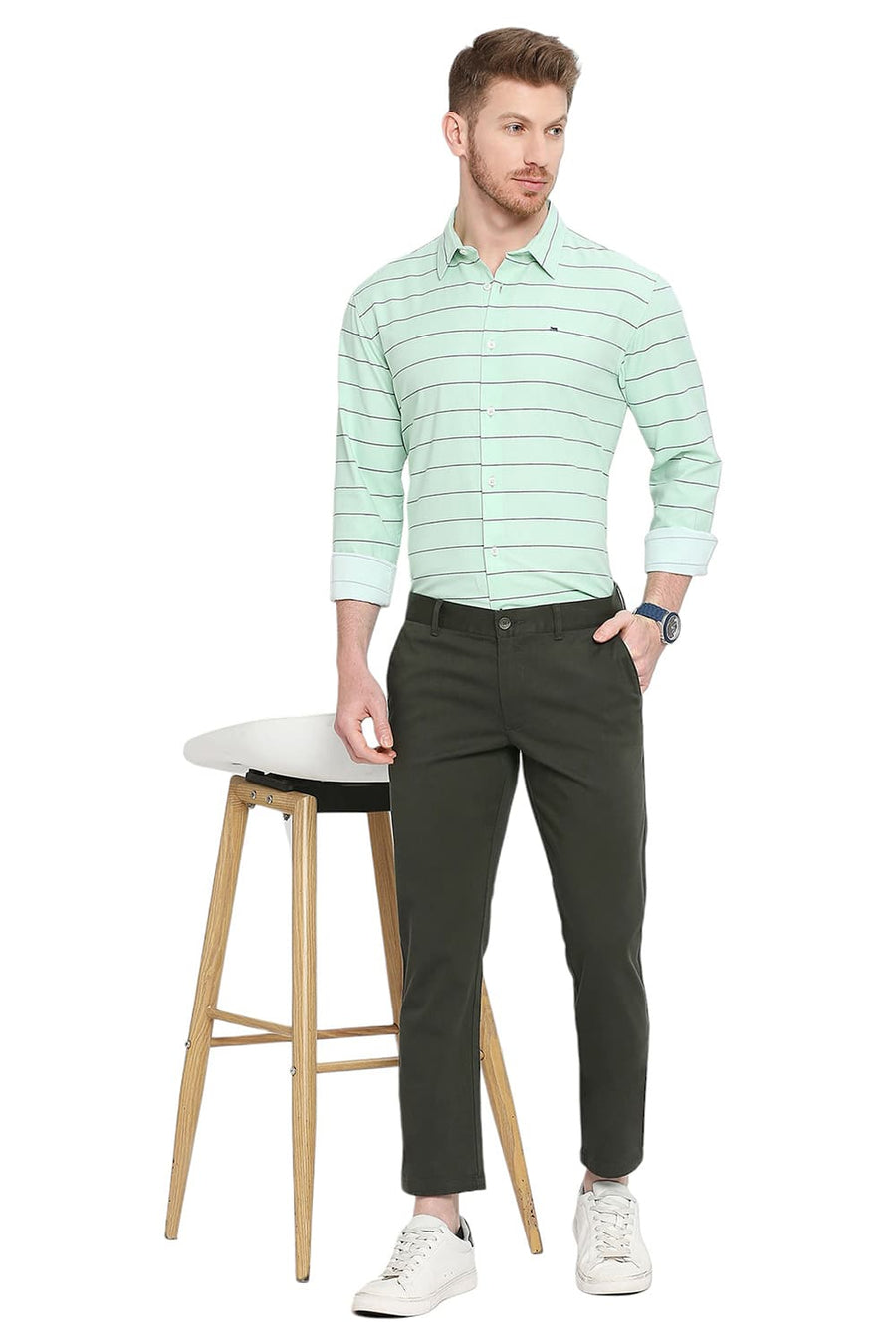 BASICS TAPERED FIT ROSIN GREEN COTTON STRETCH DOBBY TROUSERS