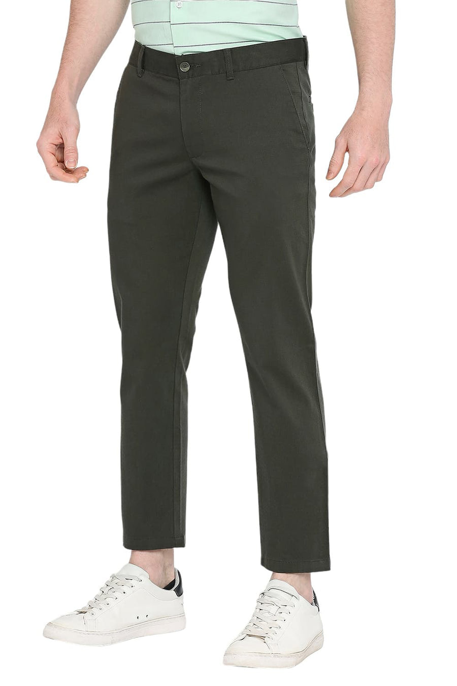 BASICS TAPERED FIT ROSIN GREEN COTTON STRETCH DOBBY TROUSERS