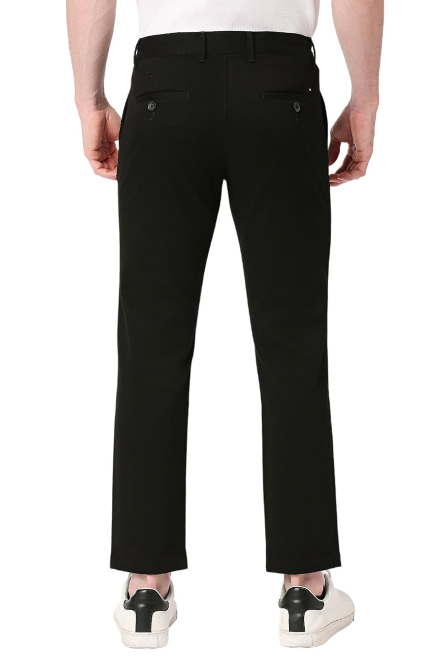 BASICS TAPERED FIT MOONLESS BLACK COTTON STRETCH DOBBY TROUSERS