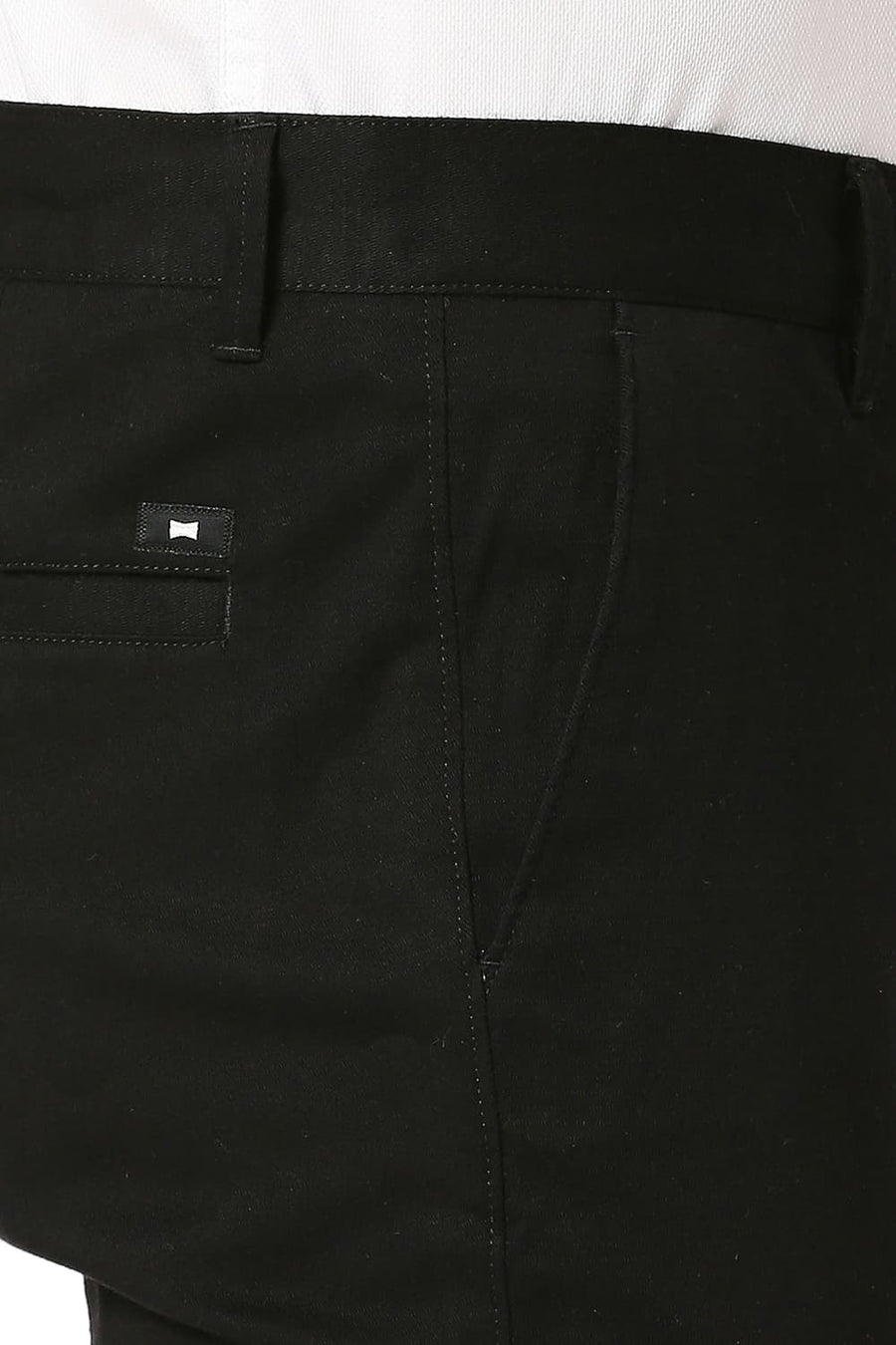 BASICS TAPERED FIT MOONLESS BLACK COTTON STRETCH DOBBY TROUSERS