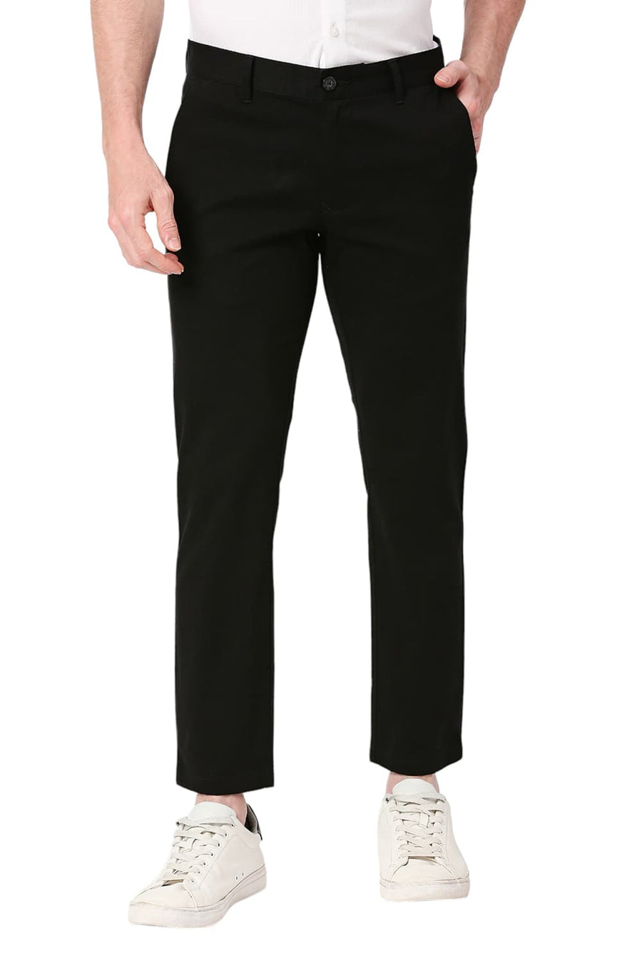 BASICS TAPERED FIT MOONLESS BLACK COTTON STRETCH DOBBY TROUSERS