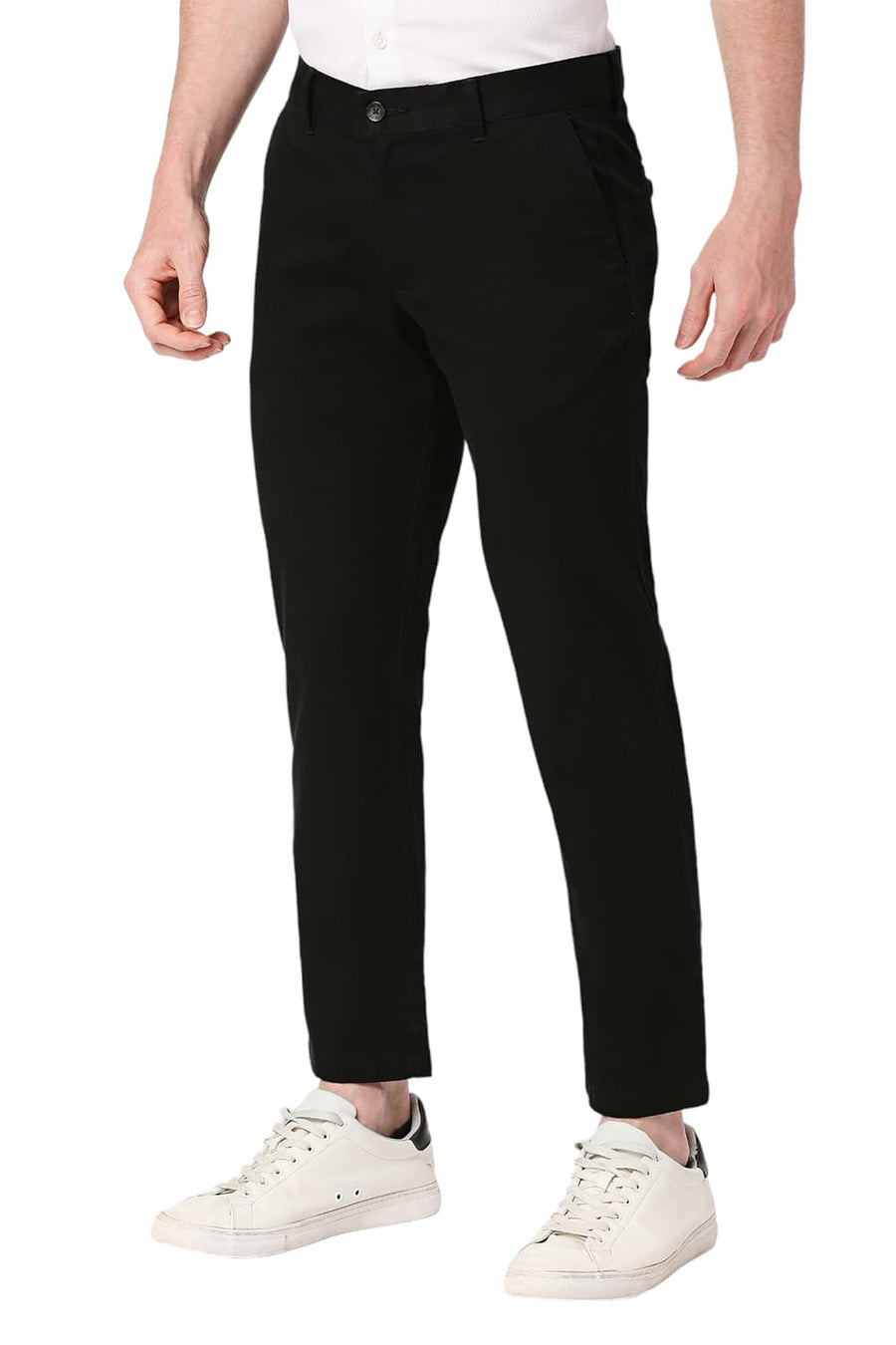 BASICS TAPERED FIT MOONLESS BLACK COTTON STRETCH DOBBY TROUSERS