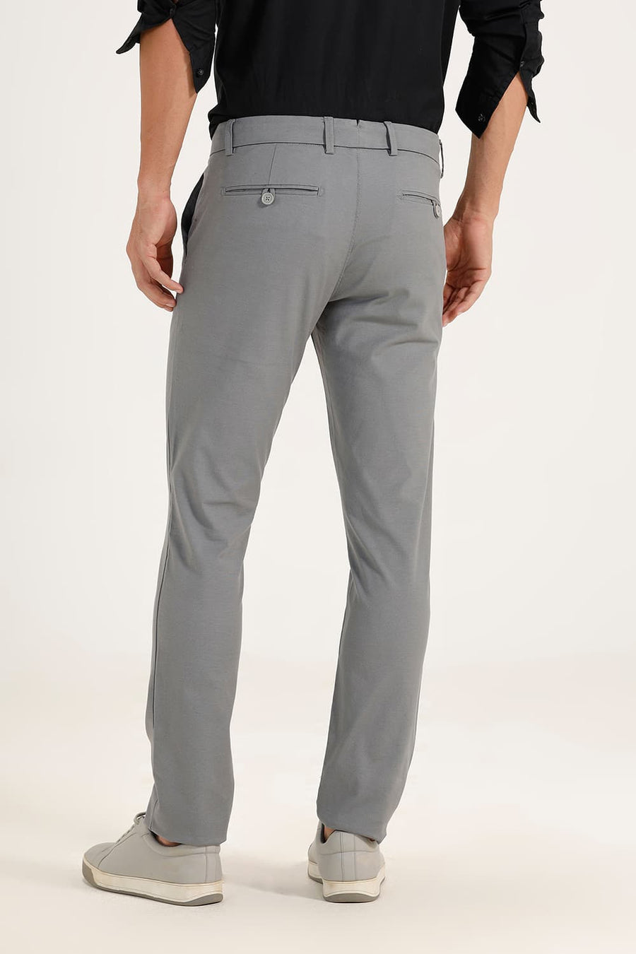 BASICS TAPERED FIT STEEL GREY COTTON POLYESTER STRETCH DOBBY TROUSERS
