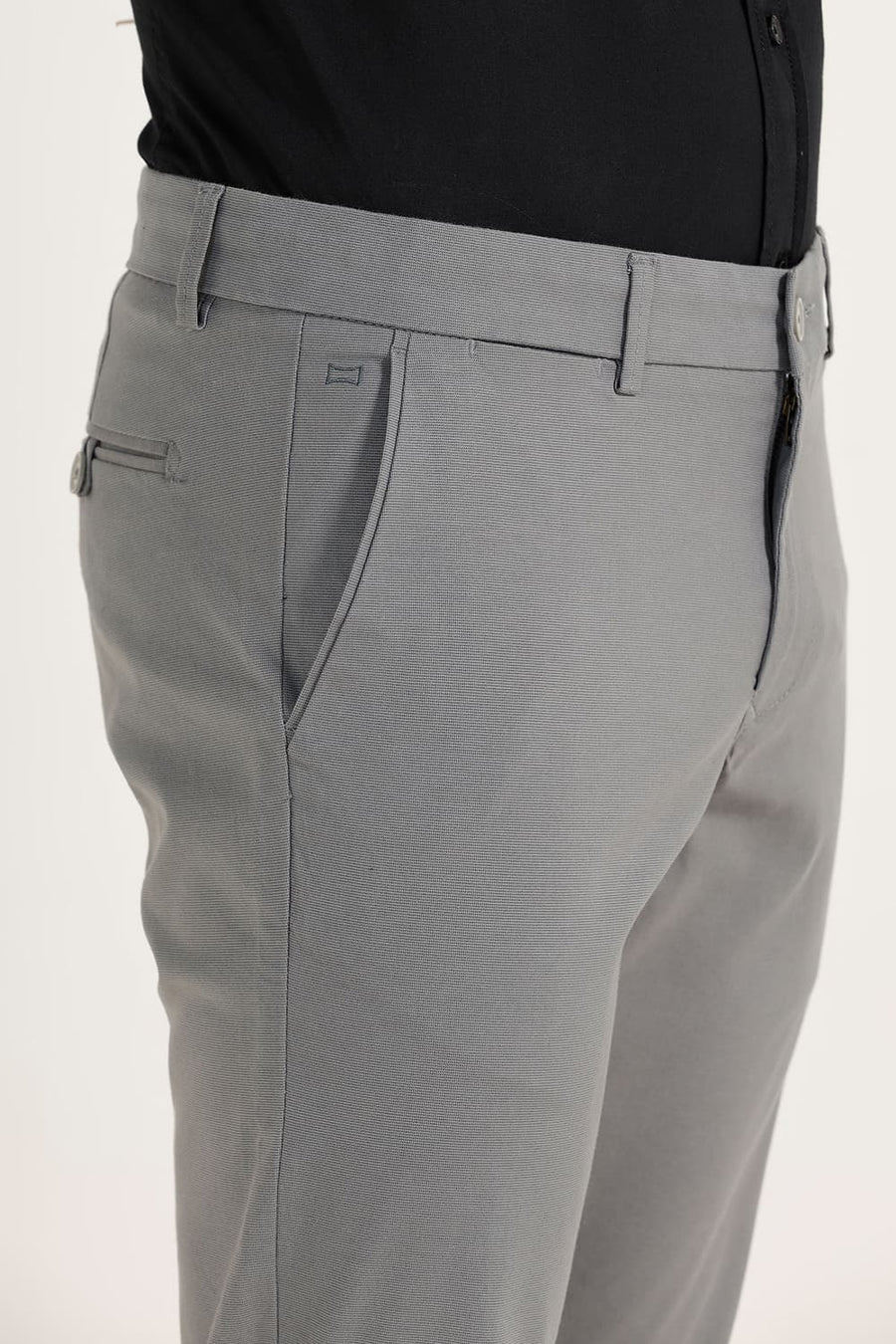 BASICS TAPERED FIT STEEL GREY COTTON POLYESTER STRETCH DOBBY TROUSERS