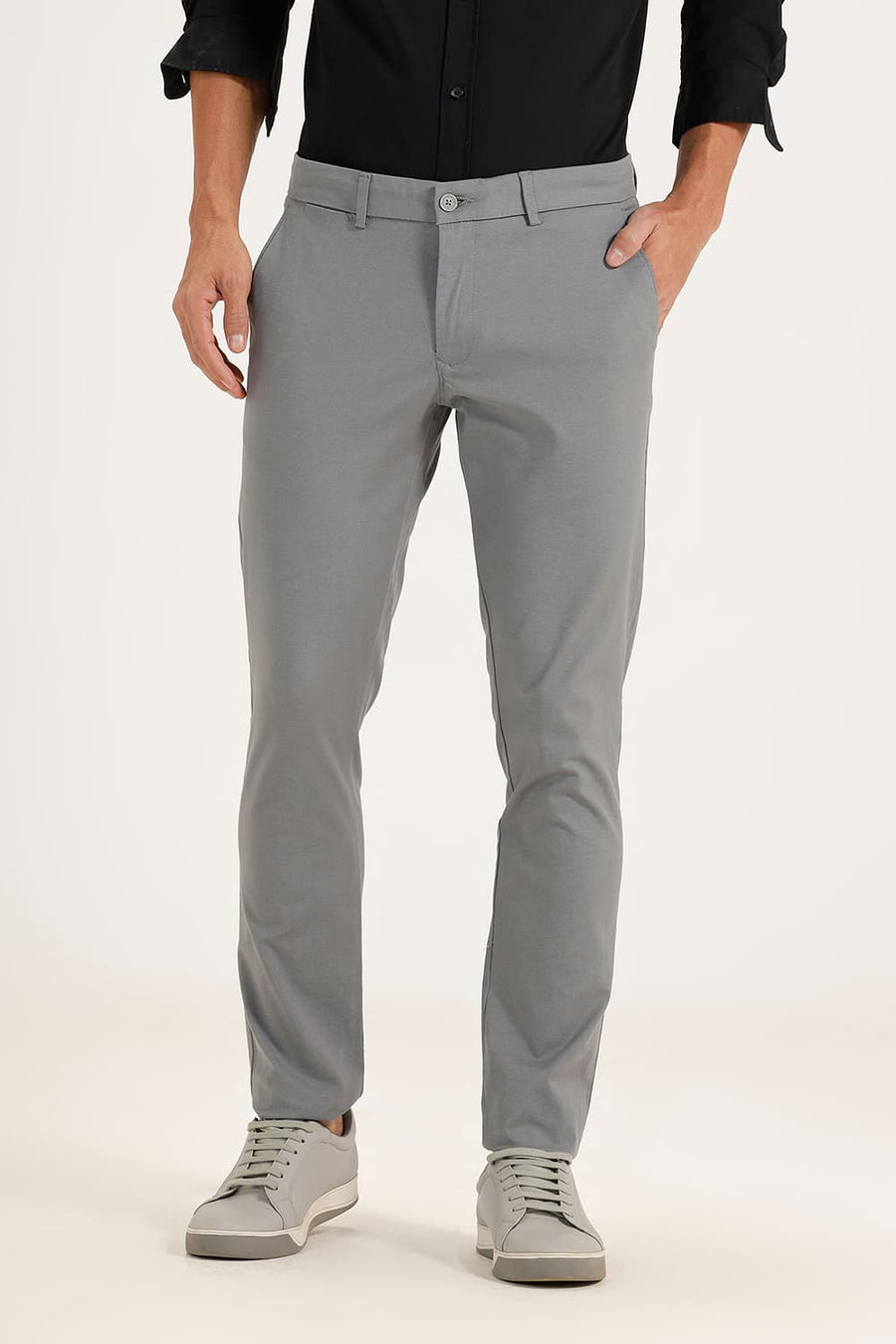 BASICS TAPERED FIT STEEL GREY COTTON POLYESTER STRETCH DOBBY TROUSERS