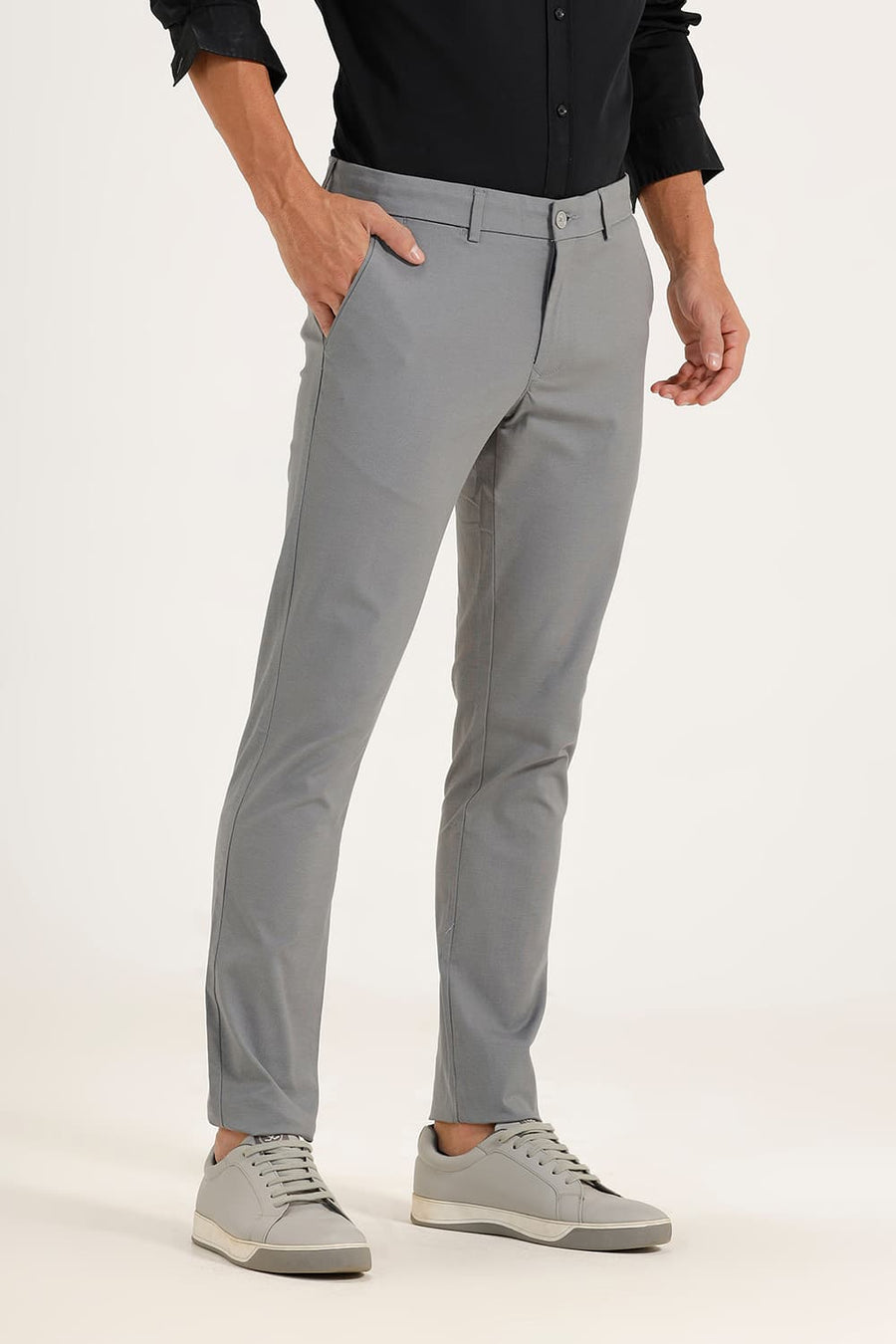 BASICS TAPERED FIT STEEL GREY COTTON POLYESTER STRETCH DOBBY TROUSERS
