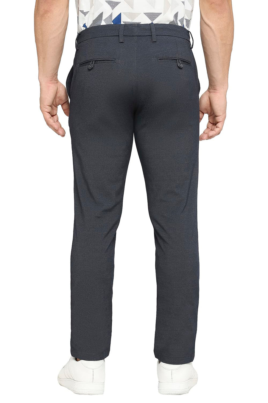 BASICS TAPERED FIT CARBON NAVY COTTON POLYESTER STRETCH DOBBY TROUSERS
