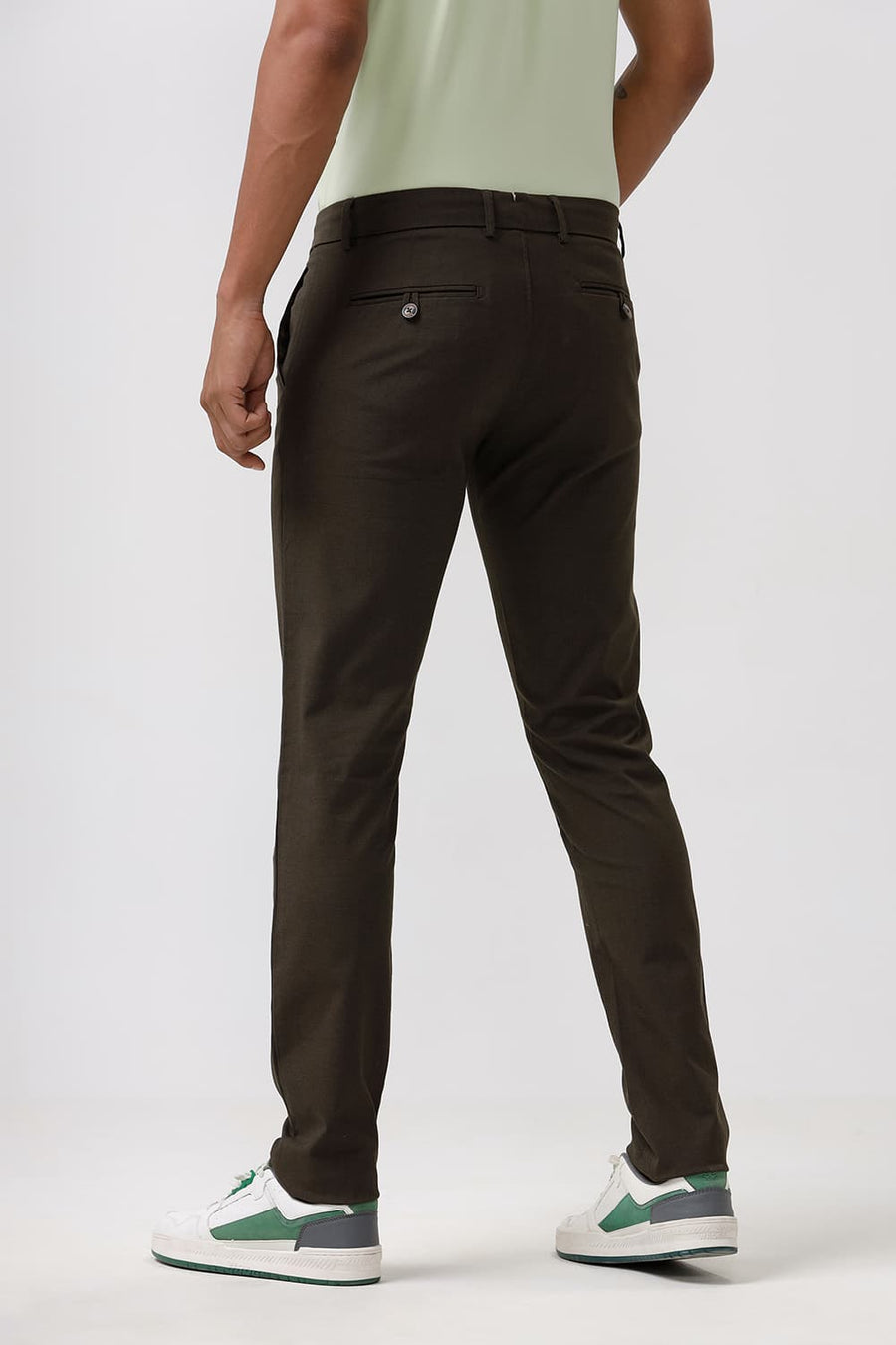 BASICS TAPERED FIT BELUGA BROWN COTTON POLYESTER STRETCH DOBBY TROUSERS