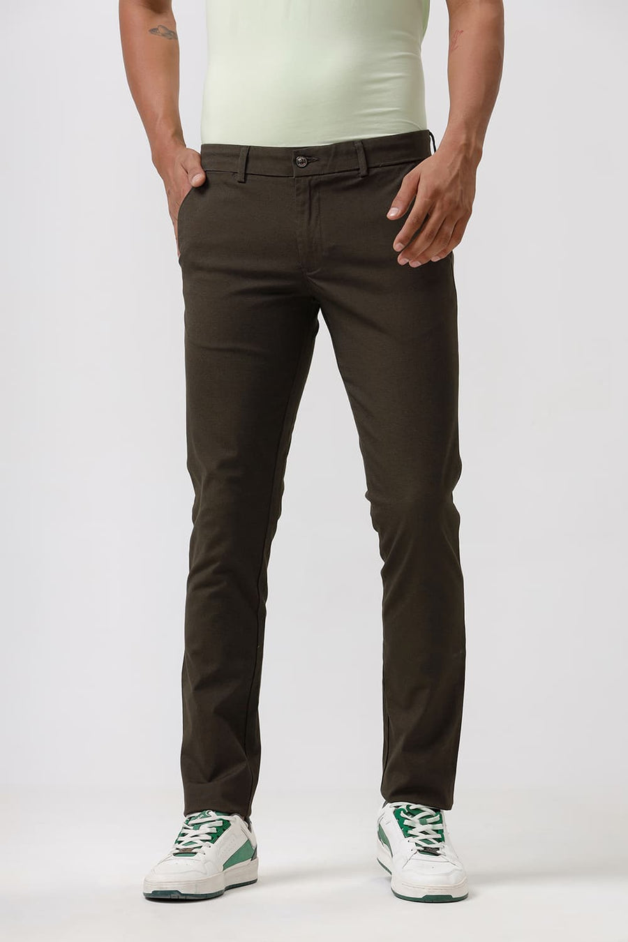 BASICS TAPERED FIT BELUGA BROWN COTTON POLYESTER STRETCH DOBBY TROUSERS