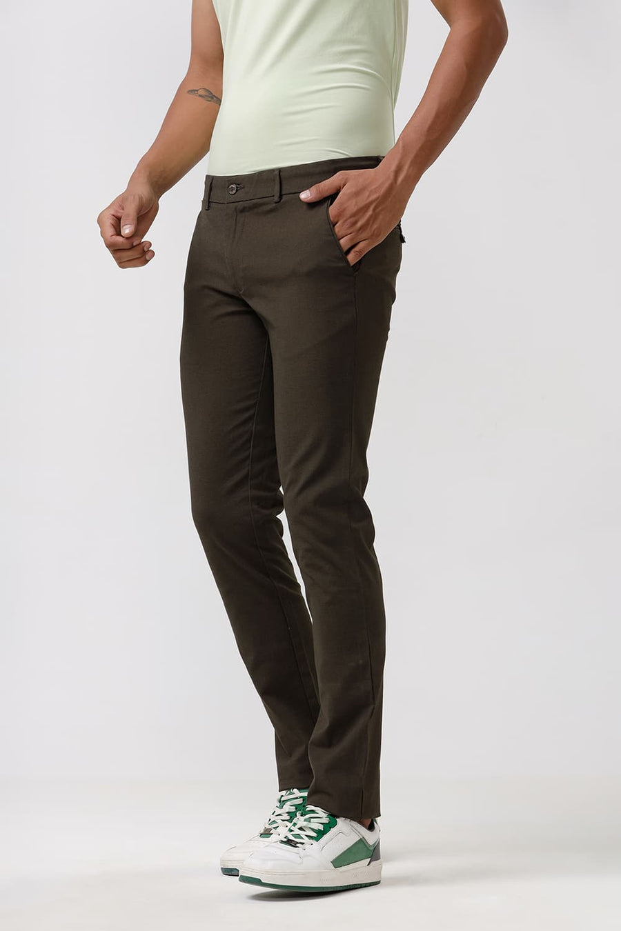 BASICS TAPERED FIT BELUGA BROWN COTTON POLYESTER STRETCH DOBBY TROUSERS