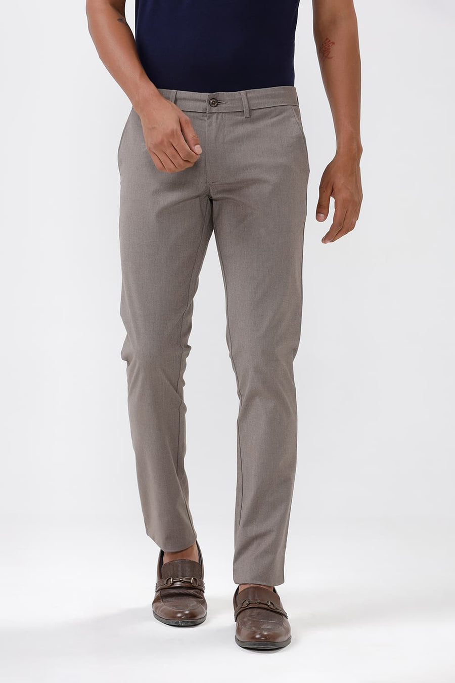 BASICS TAPERED FIT MAJOR BROWN COTTON POLYESTER STRETCH DOBBY TROUSERS