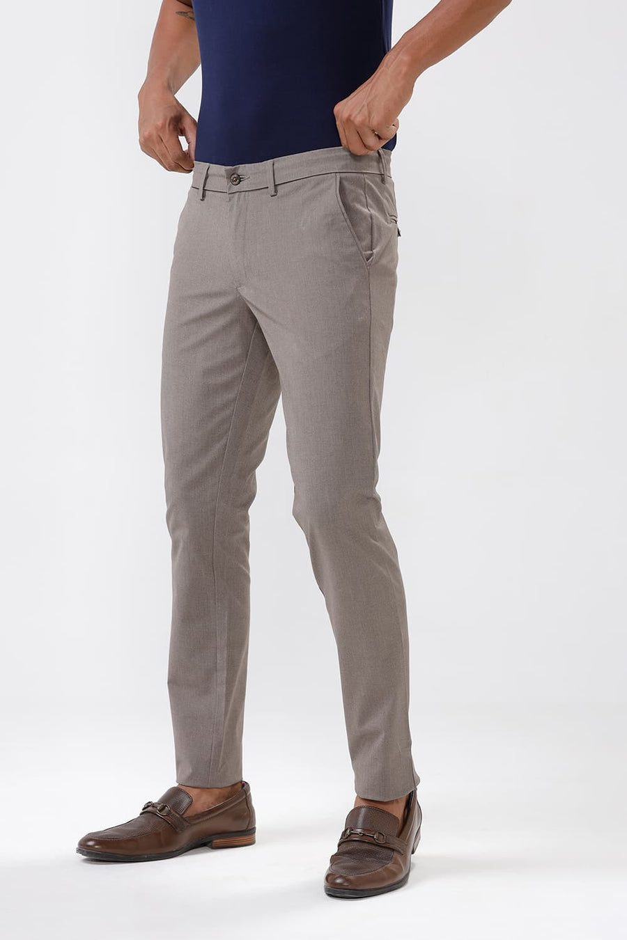 BASICS TAPERED FIT MAJOR BROWN COTTON POLYESTER STRETCH DOBBY TROUSERS