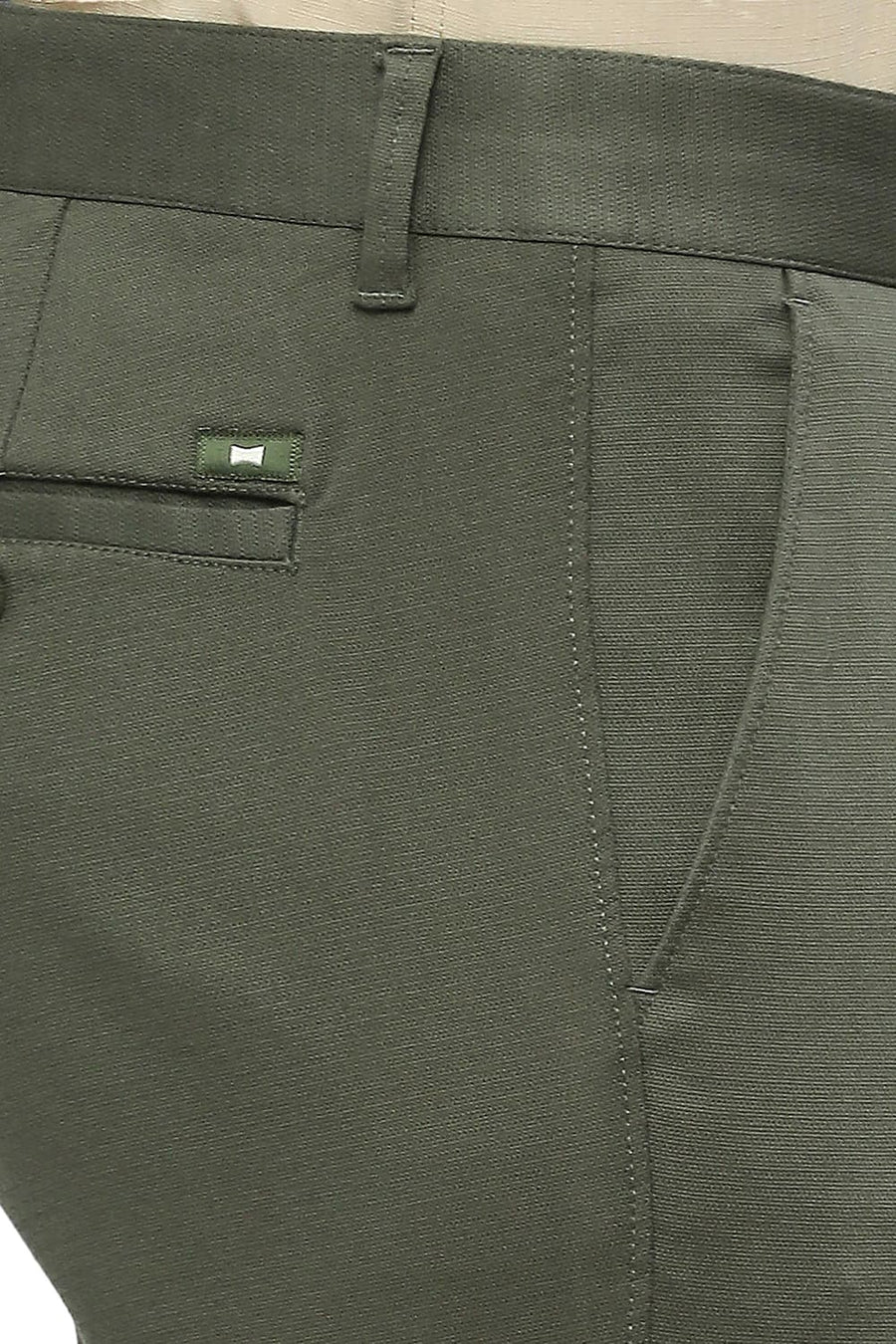 BASICS TAPERED FIT PEAT OLIVE COTTON POLYESTER STRETCH DOBBY TROUSERS