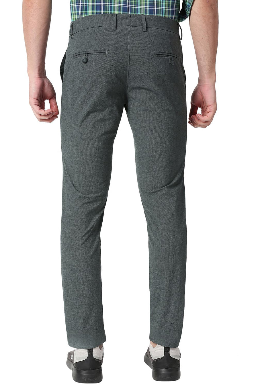 BASICS TAPERED FIT FORGED IRON GREY COTTON POLYESTER STRETCH DOBBY TROUSERS