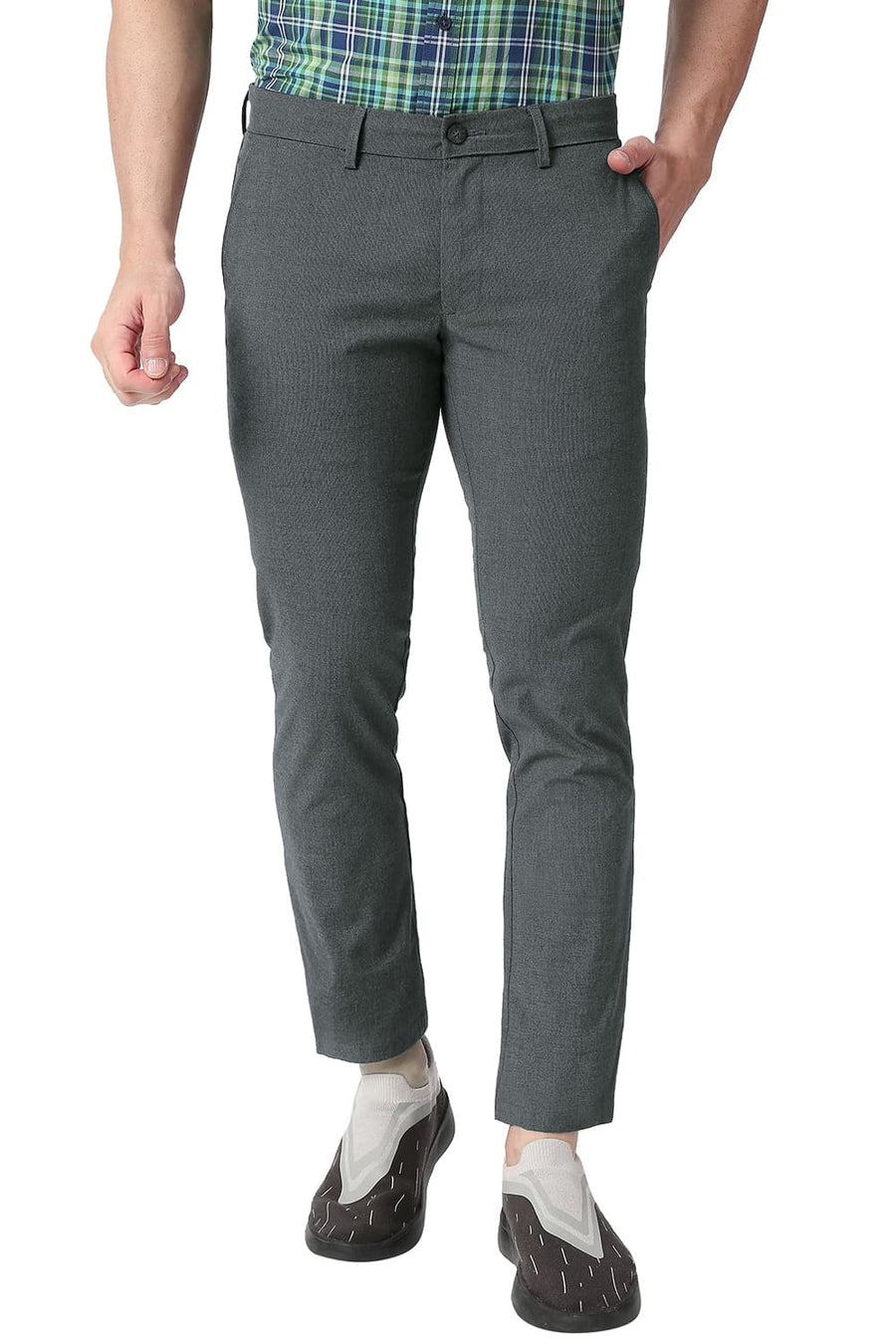 BASICS TAPERED FIT FORGED IRON GREY COTTON POLYESTER STRETCH DOBBY TROUSERS