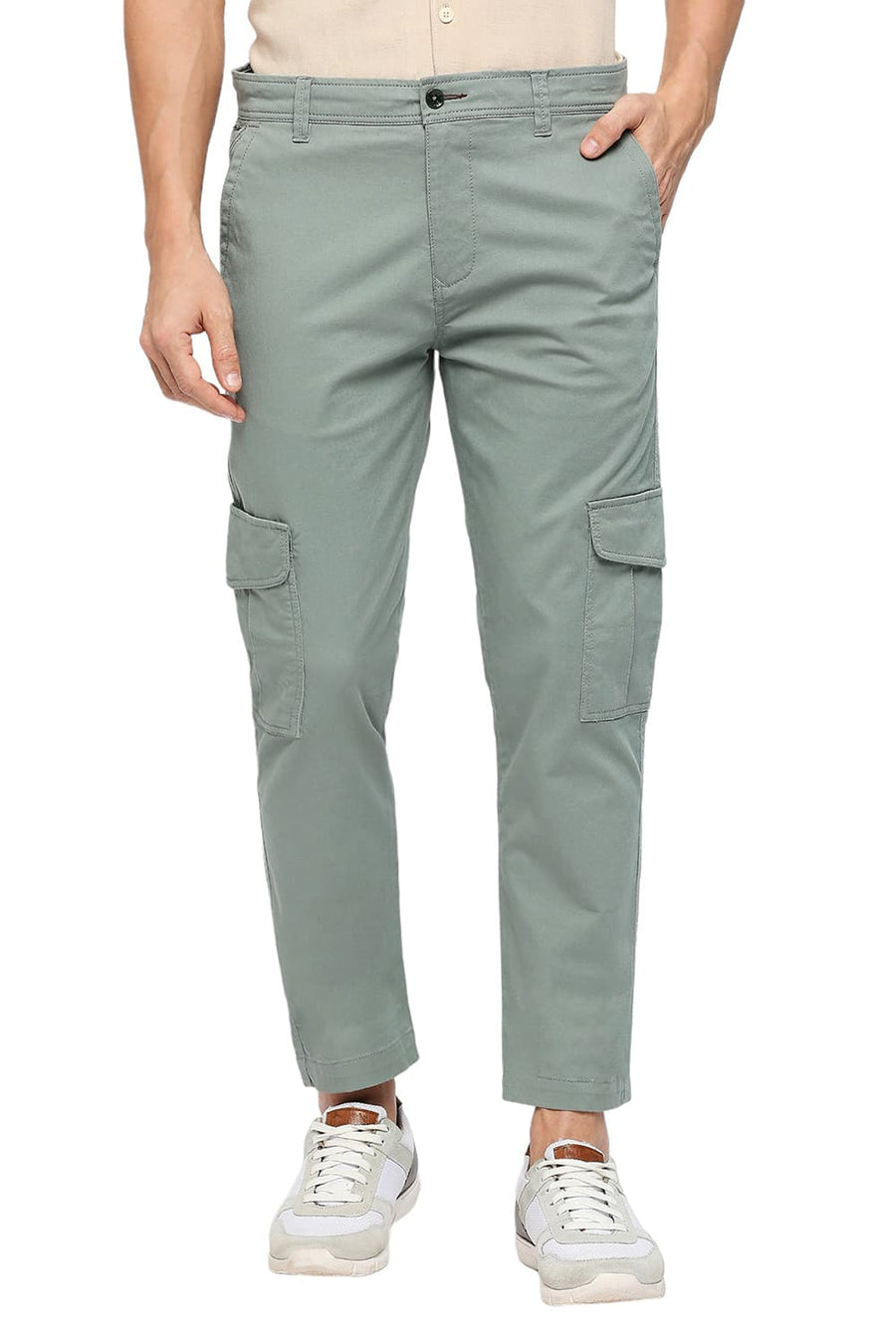 BASICS DRIFT FIT CHINOIS GREEN COTTON CARGO STRETCH DOBBY TROUSERS