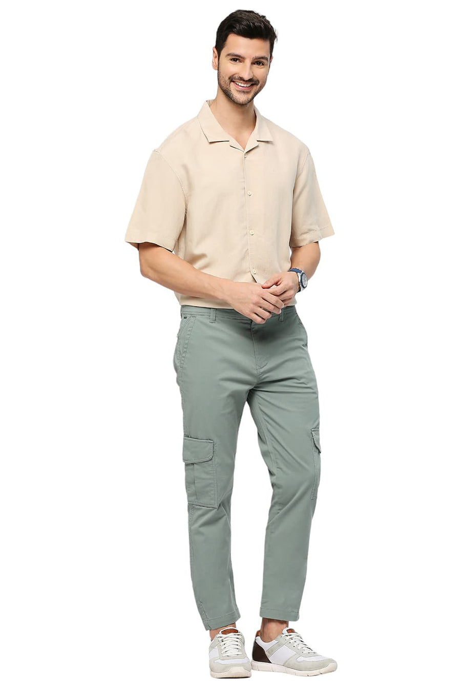 BASICS DRIFT FIT CHINOIS GREEN COTTON CARGO STRETCH DOBBY TROUSERS